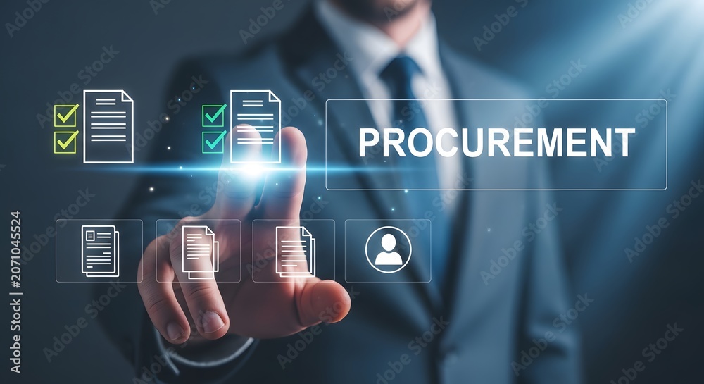 Fototapeta premium Businessman interacting with procurement icons on a digital interface