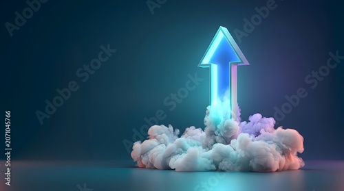 Glowing blue arrow launches upwards through colorful smoke, symbolizing rapid growth and success in business and technology.