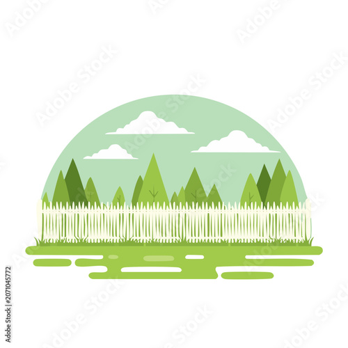 Flat design illustration of a white picket fence with trees and clouds