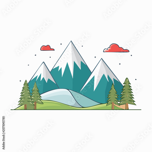 Flat design illustration of snowy mountains with pine trees and clouds