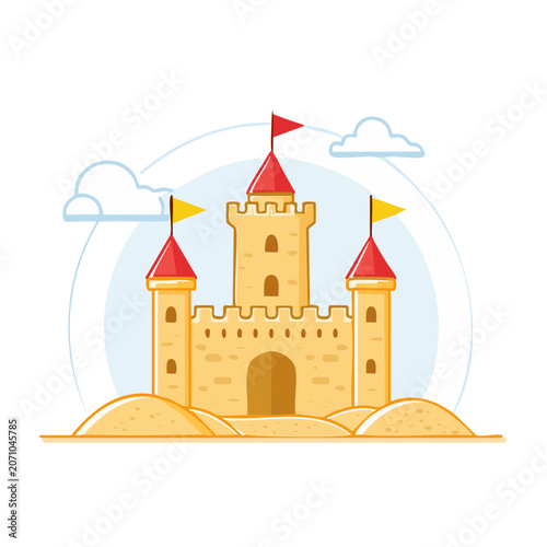 Flat design sandcastle with flags and clouds