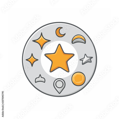Flat design star and space icons in circular frame