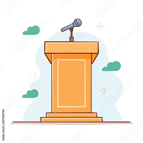 Flat design podium with microphone and clouds