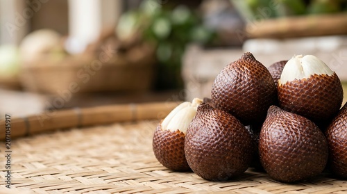 Fresh snake fruit salak on a woven bamboo basket