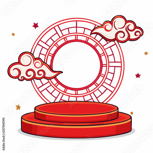Red stage podium with traditional pattern and clouds