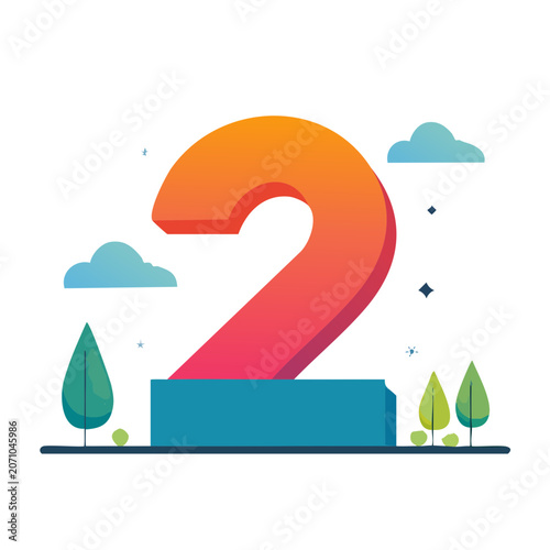 Stylized Number 2 with Trees and Clouds
