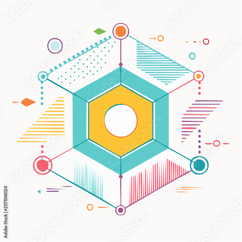 Abstract Geometric Hexagonal Structure with Colorful Lines and Dots
