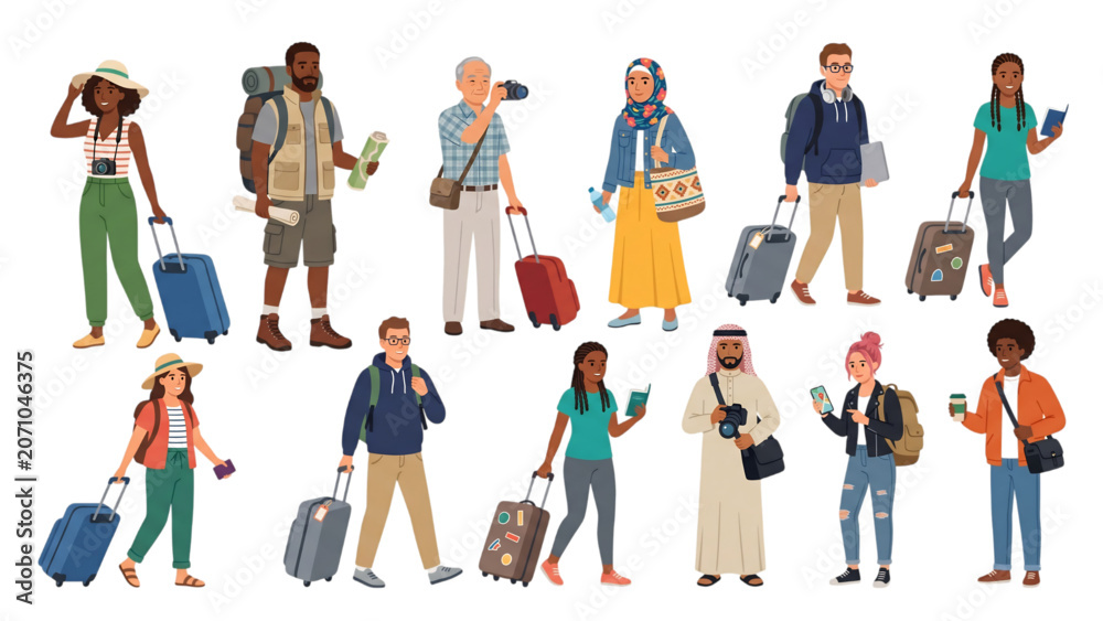 Fototapeta premium A vibrant and diverse collection of global travelers from various backgrounds and cultures, ready for their next adventure with luggage, representing inclusive tourism and exciting journeys