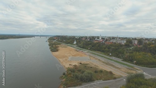 Drone retreating over Murom riverbank