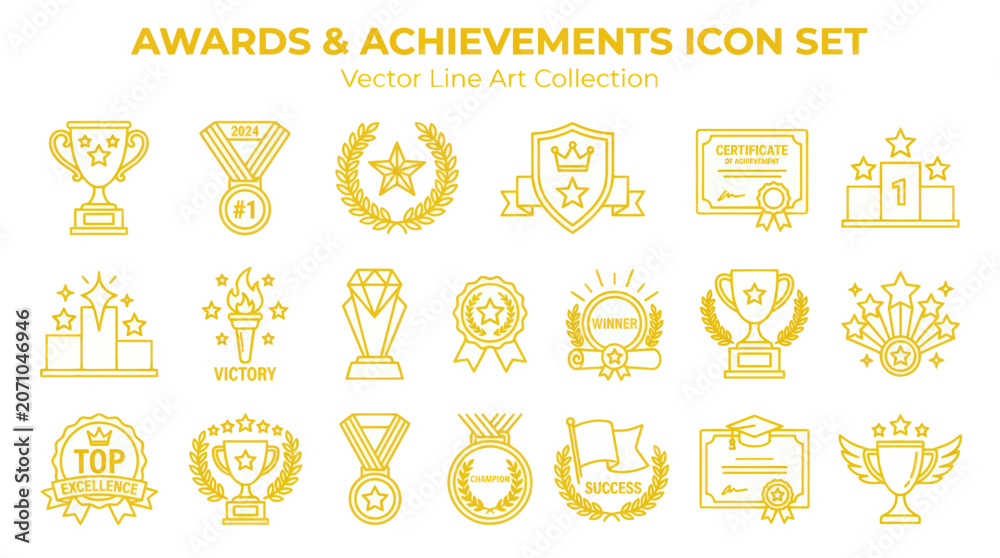 Fototapeta premium Awards and Achievements Icon Set - Gold Vector Line Art Collection