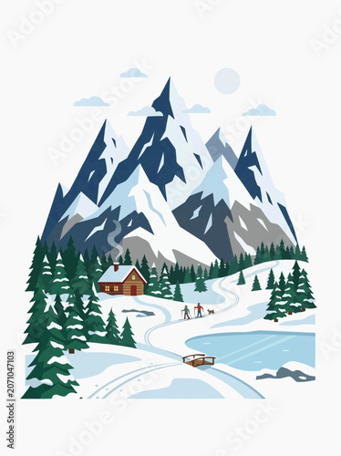 Winter mountain landscape with cabin and skiers