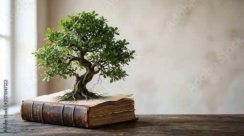 Green tree growing from an old antique book representing wisdom