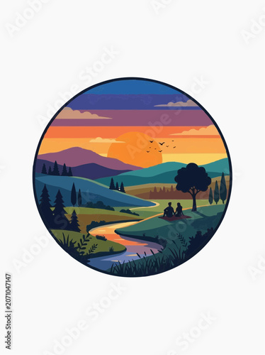 Couple Enjoying Scenic Sunset Picnic in Rolling Hills Landscape