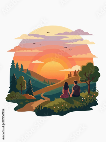 Couple holding hands watching a vibrant sunset over rolling hills and trees