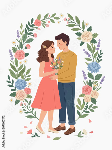 Couple Embracing Inside Floral Wreath Holding Bouquet Romantic Illustration