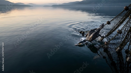 Cormorant bird diving into calm water by fishing net at dawn