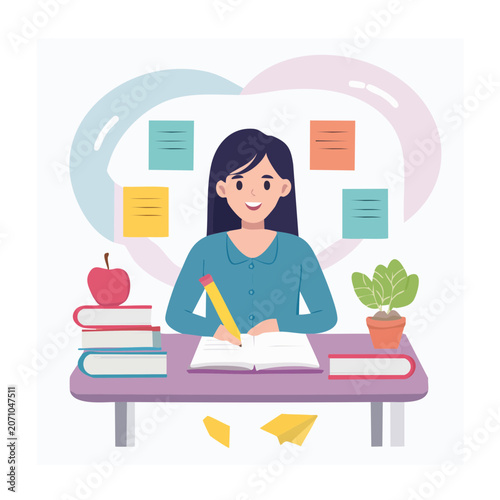 Girl studying at desk with books and plant
