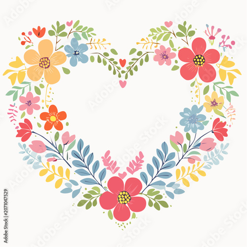 Heart shape floral wreath with colorful flowers and leaves