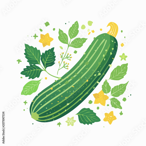 Illustration of a Zucchini with Green Leaves and Yellow Flowers