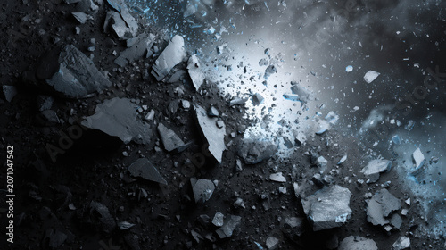 A close-up view of scattered rocks and debris with a dramatic light source illuminating the scene. The texture of the broken stone is detailed, suggesting a powerful impact or natural erosion.