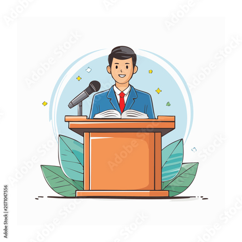 Man giving a speech at a podium with a microphone and book