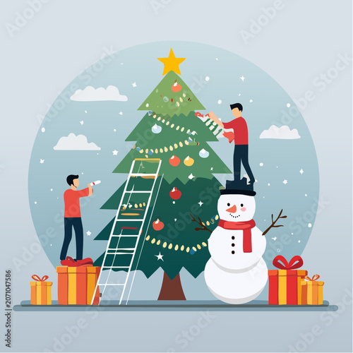 People Decorating Christmas Tree with Snowman and Gifts