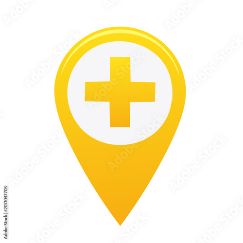Yellow location pin icon with a white circle and a yellow plus sign