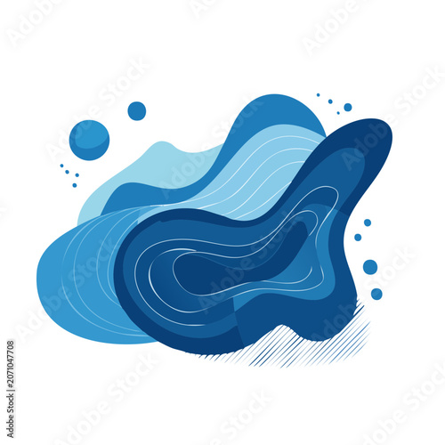 Abstract blue fluid shapes with waves and bubbles