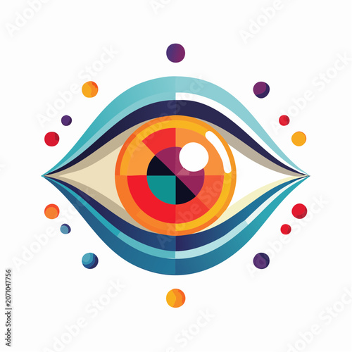 Abstract Eye Illustration with Colorful Geometric Iris and Floating Orbs