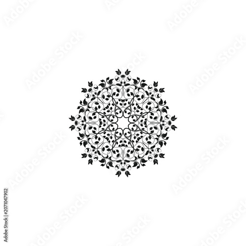Delicate Floral Mandala Vector Illustration - Symmetrical Ornamental Circular Leaf and Vine Pattern for Zen Yoga Meditation, Spiritual Art Decor, and Intricate Tattoo Design - Black and White