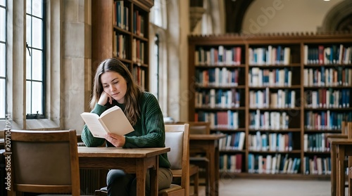 Young woman reading a book at a desk in a classic library