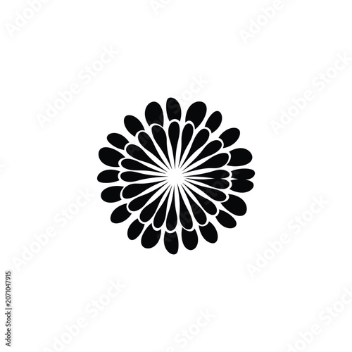 Minimalist Black and White Floral Mandala Vector Illustration - Symmetrical Stylized Flower Sunburst Design for Logo, Icon, Zen Yoga Decor, and Tattoo Art - Teardrop Petal Ornament