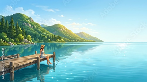 Woman sitting on a wooden dock overlooking a serene mountain lake