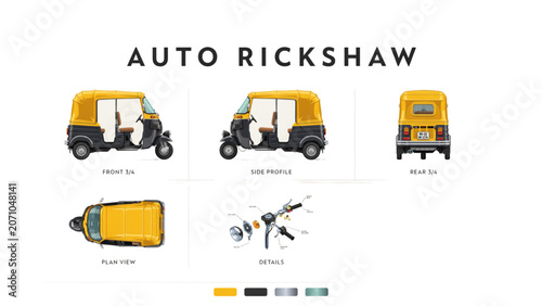 фотографія Colorful auto rickshaw vector illustration set with icons Vector