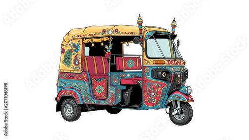 Colorful auto rickshaw driving on a city street Vector