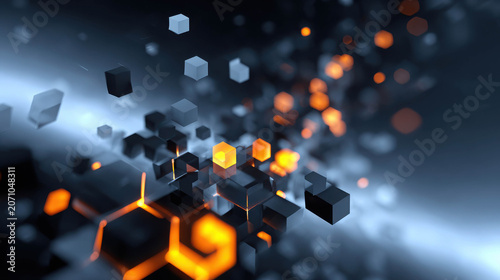 Abstract digital art with glowing orange and grey cubes, suggesting data or technology