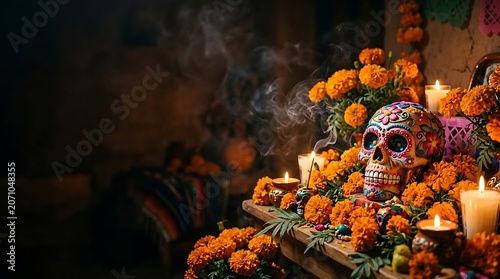 Traditional mexican altar with sugar skull and marigold flowers