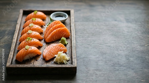 Fresh salmon nigiri and sashimi on a rustic wooden platter