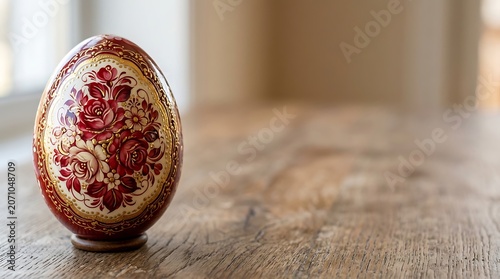 Intricately painted red floral decorative egg on a wooden surface