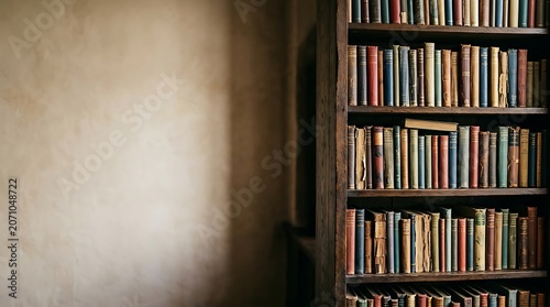 Vintage wooden bookshelf with antique books and empty wall space
