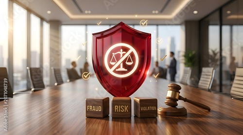 Red shield with no law symbol and cubes labeled Fraud, Risk, Violation, and a gavel on a boardroom table, representing compliance and legal protection.