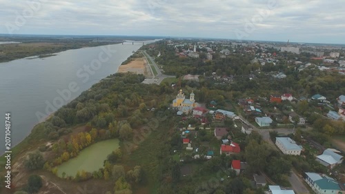 Drone flying forward over Murom riverbank
