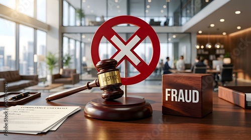 Gavel and 'Fraud' cube symbolizing justice and legal penalties for financial dishonesty in a modern office.