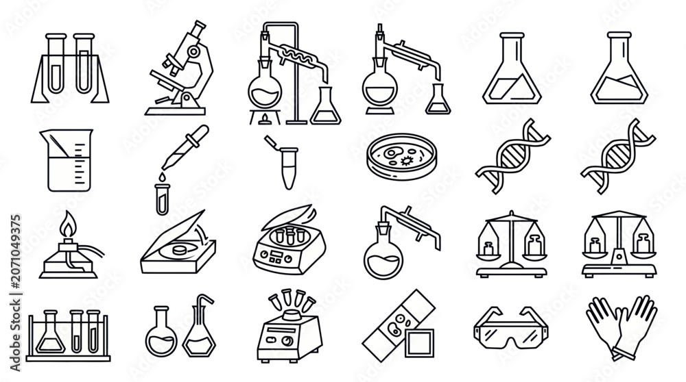 Fototapeta premium Science Laboratory Equipment Icons - Chemistry, Biology, Research