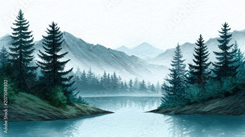 Misty mountains overlook a serene lake, framed by dark evergreen trees and lush foreground foliage. This landscape evokes a sense of tranquility and natural beauty