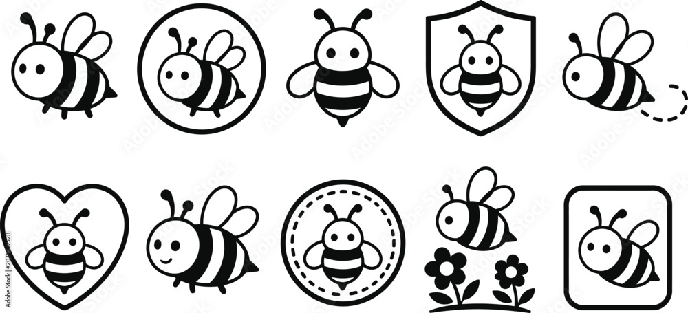 Fototapeta premium Collection of cute bee mascot logos featuring friendly cartoon bees in various badge, shield, heart, circle, floral,