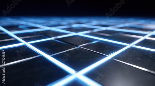Futuristic glowing blue grid lines intersect over a dark, textured surface, creating a sense of digital space and advanced technology.