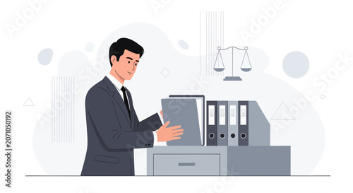 Lawyer or businessman sorting documents and files with justice scales in the background, modern flat vector illustration