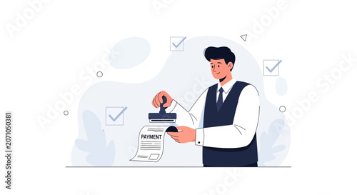 Man approving payment with a stamp, vector illustration with checkmarks and abstract shapes in a modern flat style.