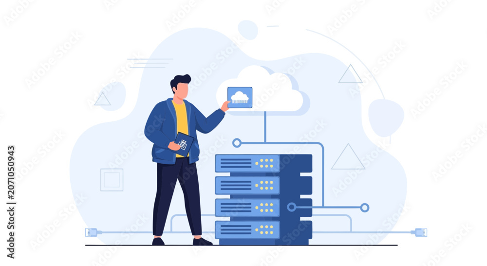 Naklejka premium Man interacts with cloud server rack, representing data storage, IT infrastructure, and digital transformation